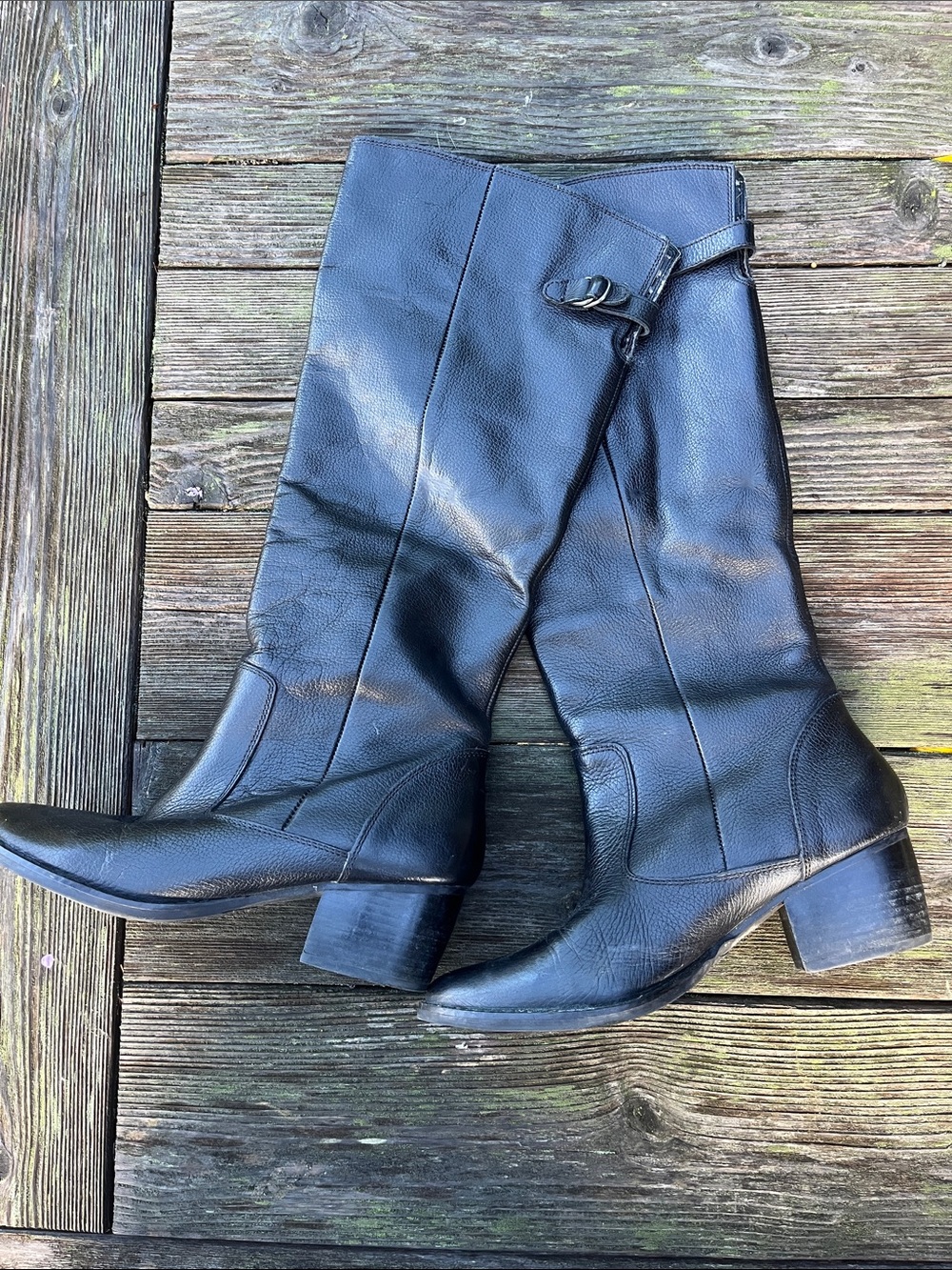 Women's Black Leather Mid-Calf Heeled Boots with Buckle